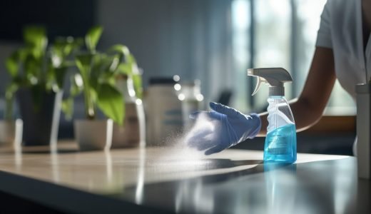Professional cleaning staff sanitizing an office desk with spray